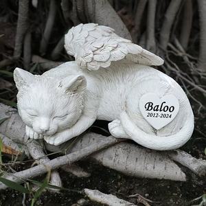 Statue commémorative de chat ange en résine personnalisable - Plaque en forme de cœur gravable (nom/date), design ailé endormi, idéal pour la décoration de jardin - Product Image 3