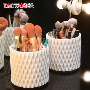 TaoWo Rotating Makeup Brush Holder With Lid White Cosmetic Storage Container Desktop Organizer For Lipstick And Makeup <b>Tools</b> - Product Image 3