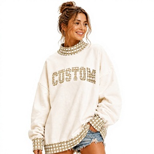 Daily Trendy Women's Oversized Mockneck Long Sleeves <b>Top</b> Custom Letter Printing With Gingham <b>Patchwork</b> Collar & Cuffs Sweatshirt - Product Image 1