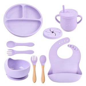 Maxfree Ensemble de vaisselle pour bébé 9 pièces en silicone : assiette, bavoir, bol, cuillère, fourchette, tasse - Product Image 3