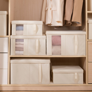 Clothing Organizer <b>Storage</b> <b>Boxes</b> Rectangle <b>Beige</b> Foldable With Window For Wardrobe Use - Product Image 1