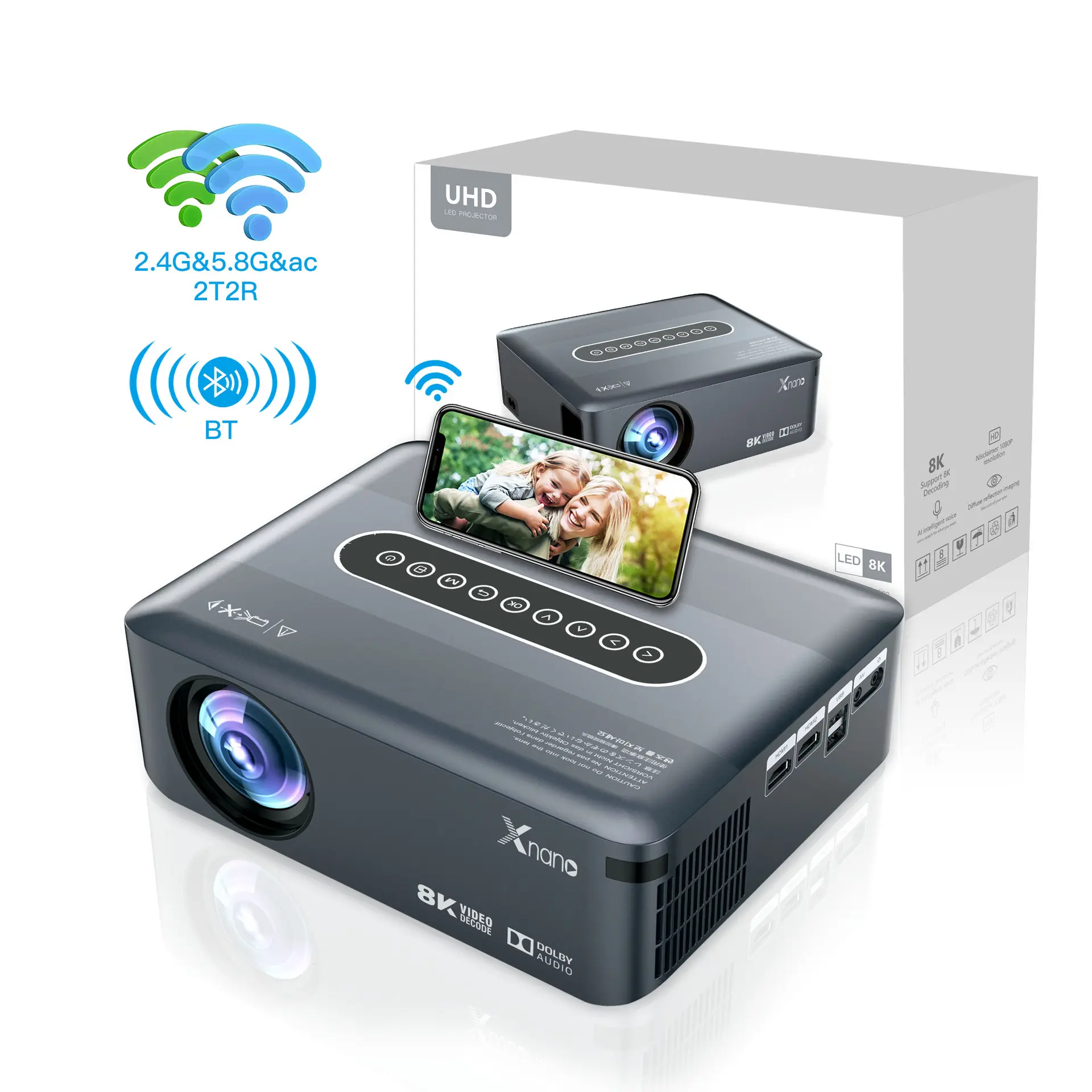 Xnano home theater android 9 proyektor 300 ANSI 5g wifi BT proyektor beamer 8K 4K HD proyektor kecerahan tinggi