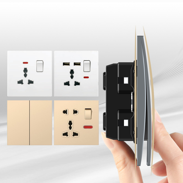 UK Universal Standard Multiple 1 Switch 3 Pin Wall Electric Power Socket 220V Luxury Switched Socket Outlet