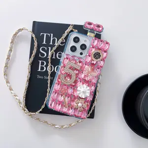 Mobile Phone Accessories Eye-catching Perfume Diamond 3D Cellphone Cover with Lanyard for iPhone 14 Plus 14 15 15 Pro 15 Pro Max