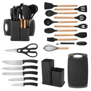 Ensemble d'ustensiles de cuisine en silicone durable de 19 pièces avec manche en bois Cuillère de cuisson antiadhésive Rangement de couteaux intégré multifonctionnel - Product Image 2