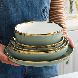 Service de table en porcelaine fait main personnalisable, luxe royal, <span class=keywords><strong>vert</strong></span> clair avec bordure dorée, assiettes en céramique pour restaurant - Product Image 5