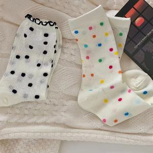 Calcetines de lunares para mujer, hasta la pantorrilla, de malla fina, transpirables, estilo casual de verano, estilo japonés JK, frescos y bonitos, blancos con lunares de colores - Product Image 1