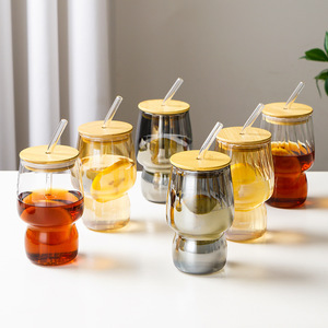 Amber Gold Waved Shape Design Ribbed Drinking Glass Iced Straw Tea Beer Boba Soda Can Tumbler Cup Coffee Cups with Lid and Straw - Product Image 1