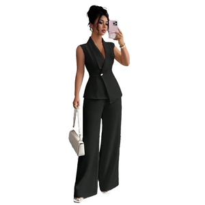 <span class=keywords><strong>Ensemble</strong></span> 2 pièces pour femme, blazer sans manches à col en V multicolores, <span class=keywords><strong>pantalon</strong></span> large, costume <span class=keywords><strong>de</strong></span> travail formel pour femme avec boutons, été - Product Image 1