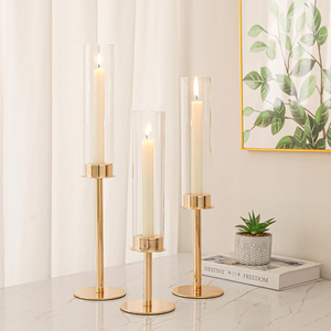 Decorazione per la tavola di nozze alto uragano oro portacandele copri candela in metallo portacandele con vetro - Product Image 1