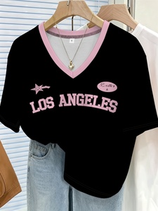 T-shirt à manches courtes pour femme, col en V, noir et rose, avec bordure contrastante, imprimé Los Angeles, décontracté, pour tous les jours, respirant, vente en gros - Product Image 1