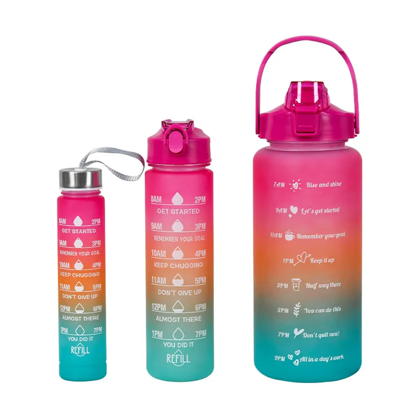 Botol air Travel 3 buah/Set botol air motivasi untuk pria wanita Set 2000ML olahraga portabel Tritan cangkir musim panas dapat digunakan kembali