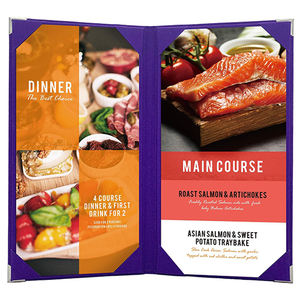 สมุดเมนูสีม่วงขายส่ง ปกเมนูหนังแบบกำหนดเอง พร้อมมุมด้านในที่ยึดแน่น ที่ใส่เมนูร้านอาหาร - Product Image 1