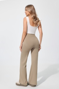 High Waist Flared Leg Yoga Pants Solid Color Full Length Seamless Elastic Waist <b>Stretchy</b> <b>Fabric</b> - Product Image 3