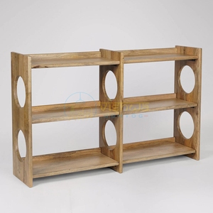 Solstice Double Cutout <b>Solid</b> <b>Wood</b> Bookshelf Wide Three Tier Open Shelving Unit with Round Carved Panels Modern Home Furniture - Product Image 4