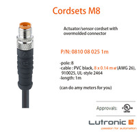 Câble d'actionneur/capteur mâle droit 8 pôles Lutronic M8, surmoulé IP67, avec boîtier en cuivre à contact doré, connecteur simple extrémité 1m