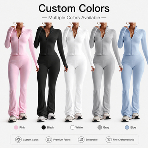 Ensemble de yoga 2 pièces pour femme ultra-extensible : veste zippée et leggings évasés, coupe ajustée, vêtements de sport avec trous pour les pouces - Product Image 3