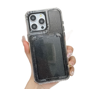 เคสโทรศัพท์แบบมีที่ใส่การ์ดวิบวับ สำหรับ iPhone 15 Pro วัสดุ TPU PC ป้องกันเต็มรูปแบบ พร้อมดีไซน์กระจก - Product Image 5