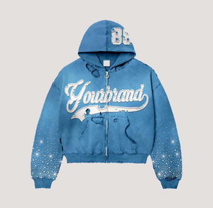 Factory Winter Vintage Sunfaded Washed Thick Cotton <b>Hoodies</b> Custom Distressed Embroidery Men Regular Fit Zip Rhinestone Hoodie - Product Image 1