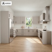 Meuble de cuisine stratifié, aménagement en U contemporain, unités sur mesure, boîtes en panneaux de particules et tiroirs à fermeture amortie