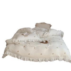 Ruffled Bow Embroidered Duvet Cover Set 100% Cotton Gauze Four-Piece <b>Bedding</b> Home Use - Product Image 5