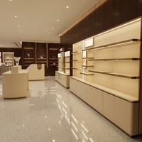 Support d'affichage cosmétique LED moderne avec bordure dorée, doté d'une base de rangement, idéal pour les salons de beauté et les showrooms de cosmétiques