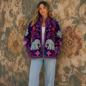 Veste en velours violet à motif éléphant, artisanat intemporel, broderie bohème, veste florale faite à la main pour femmes - Product Image 1
