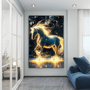 Cheval blanc lumineux, tableau porcelaine cristal incrusté de strass, peinture murale moderne scène d’eau nocturne scintillante - Product Image 5
