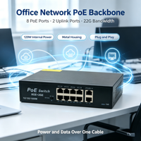 Switch Gigabit POE Metálico, 8 Puertos POE + 2 Puertos Uplink, 120W de Potencia Interna, Capacidad de 22G, Fuente de Alimentación 1236 para Redes de Oficina y AP