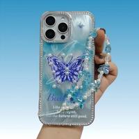 Coque de téléphone ondulée transparente à couleurs dégradées avec dragonne papillon pour iPhone 17 Pro Max 15 14 13 12 11