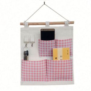 Sac de rangement mural minimaliste en coton et lin avec 1 bâton en bois et 4 poches, ensemble de 2 sacs de rangement muraux en tissu denim - Product Image 2