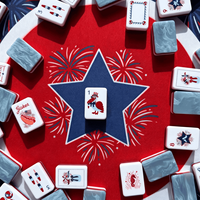 Jeu de Mahjong Américain Bleu Marbre 160 Tuiles Acryliques Gravées Patriotiques Pliable 4 Couches Soirée de Jeu Personnalisée