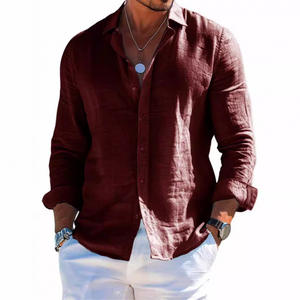 Camisa de Manga Larga Transpirable para Hombre, Color Sólido, Rojo Vino, con Botones, Estilo Casual para Playa, Verano 2026 - Product Image 1