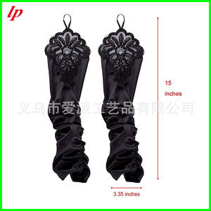 Gants en dentelle plissés en satin noir sans doigts avec perles pour <span class=keywords><strong>mariage</strong></span> et cérémonie nuptiale - Product Image 2