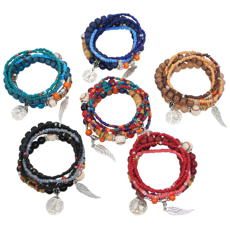 Women elastic Retro Tassel Multi-Layer Beaded Bracelet set wholesale Gemstone Woven Female Jewelry Bracelet