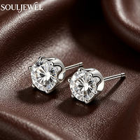 Boucles d'oreilles clous minimalistes en moissanite Souljewel, 6 griffes, motif bourgeon de fleur, plaqué rhodium, argent 925, couleur D, VVS, choix du magasin, cadeau idéal pour le quotidien