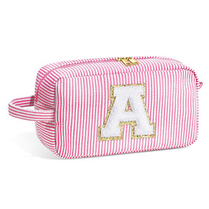 China <strong>Manufacturer</strong> Custom Pink Stripe Birthday Gift Initial Makeup Toiletry Organizer <strong>Cosmetic</strong> <strong>Bag</strong> - Product Image 1
