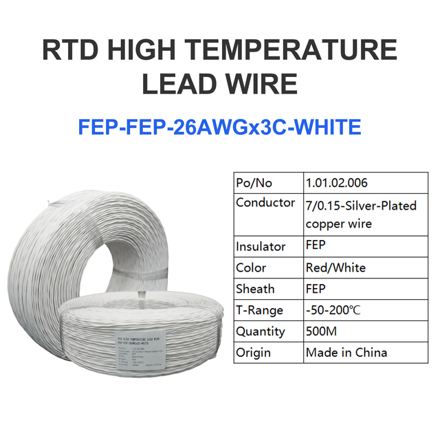 RTD High Temperature Lead Wire FEP Insulated 26AWG 2 Core Oxidation Resistant Silver-Plated Copper Wire FEP-FEP-26AWGx3C-WHITE