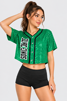Maillot de baseball court personnalisé à sequins pour femme, à manches courtes, boutonné, uniforme de danse et de cheerleading, haut de performance