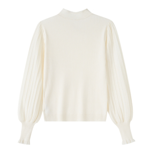 Women's Chinese Style <strong>Frog</strong> Button Rib <strong>Knit</strong> Long Sleeve Top, Mandarin Collar Drawstring Puff Lantern Sleeve Cream <strong>Knit</strong> Blouse - Product Image 4