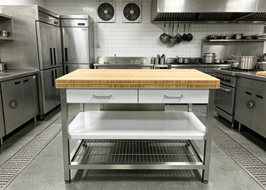 Banc de travail en acier inoxydable robuste, personnalisé en usine, avec plateau en bambou, équipement de rangement pour cuisine et cuisinière - Product Image 3