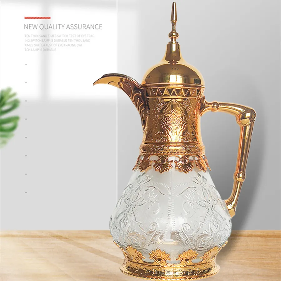 Revestimiento de vidrio árabe de oro plateado real, cawa taza de porcelana, tetera de té y café de 1.6L
