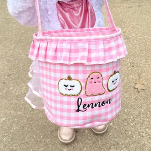 Panier-cadeau d'Halloween personnalisé, sac à bonbons d'Halloween à carreaux, motif à carreaux <span class=keywords><strong>orange</strong></span> et rose, panier-cadeau d'Halloween - Product Image 5