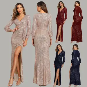 XU91823 Top Quality Luxury Sequins Evening Gown Dress Elegant Women Party Dresses Long Sleeve V-neck Split Mermaid Pom Dresses