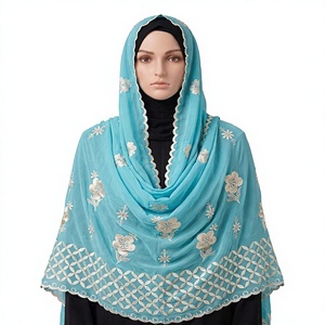 Pañuelo de Algodón Voile para Mujer al por Mayor, con Bordado Floral de Pedrería y Borde Geométrico, Ligero y Transpirable, OEM ODM - Product Image 1