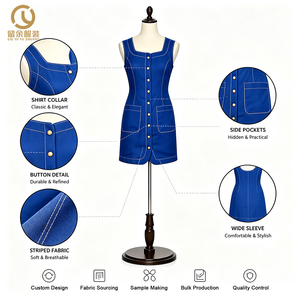 Abito Mini <span class=keywords><strong>Blu</strong></span> Royal Personalizzato da Donna con Scollo Quadrato, Cuciture Bianche a Contrasto, Bottoni Dorati e Tasche Applicate - Produzione di <span class=keywords><strong>Abbigliamento</strong></span> - Product Image 4