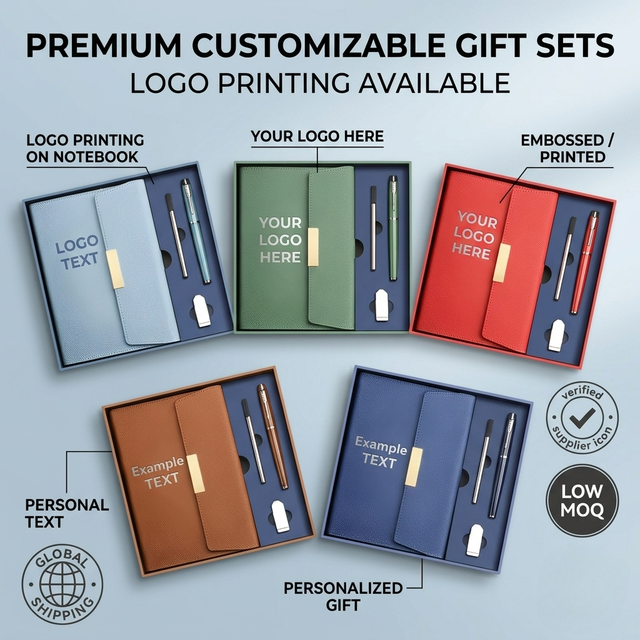 Custom Logo Leather Business Notebook Gift Set 5 1 Journal Diary Metal Pen USB Flash Drive Office Stationery Gift Box Corporate