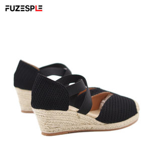 Sandales d'été en lin pour femmes, style pêcheur, avec talons compensés de 6 cm, bandes élastiques, <span class=keywords><strong>espadrilles</strong></span> en paille, sandales d'été pour femmes - Product Image 5