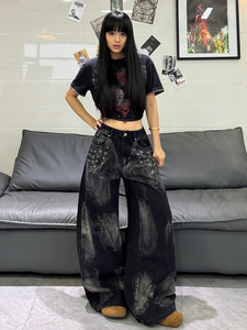 Jeans pour femmes grande taille personnalisés, jeans noirs délavés à l'acide, jeans taille basse pour femmes, fabricants en Chine - Product Image 1