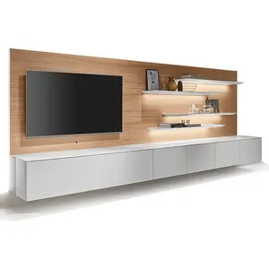 Современный дизайн шкафа для телевизора со светодиодной подсветкой белого цвета и текстурой древесины